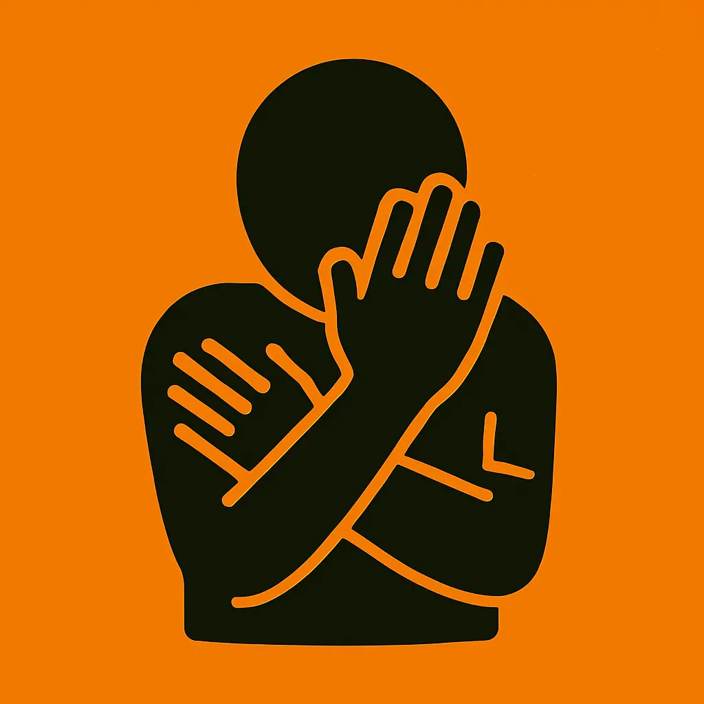 A person covering their face and body